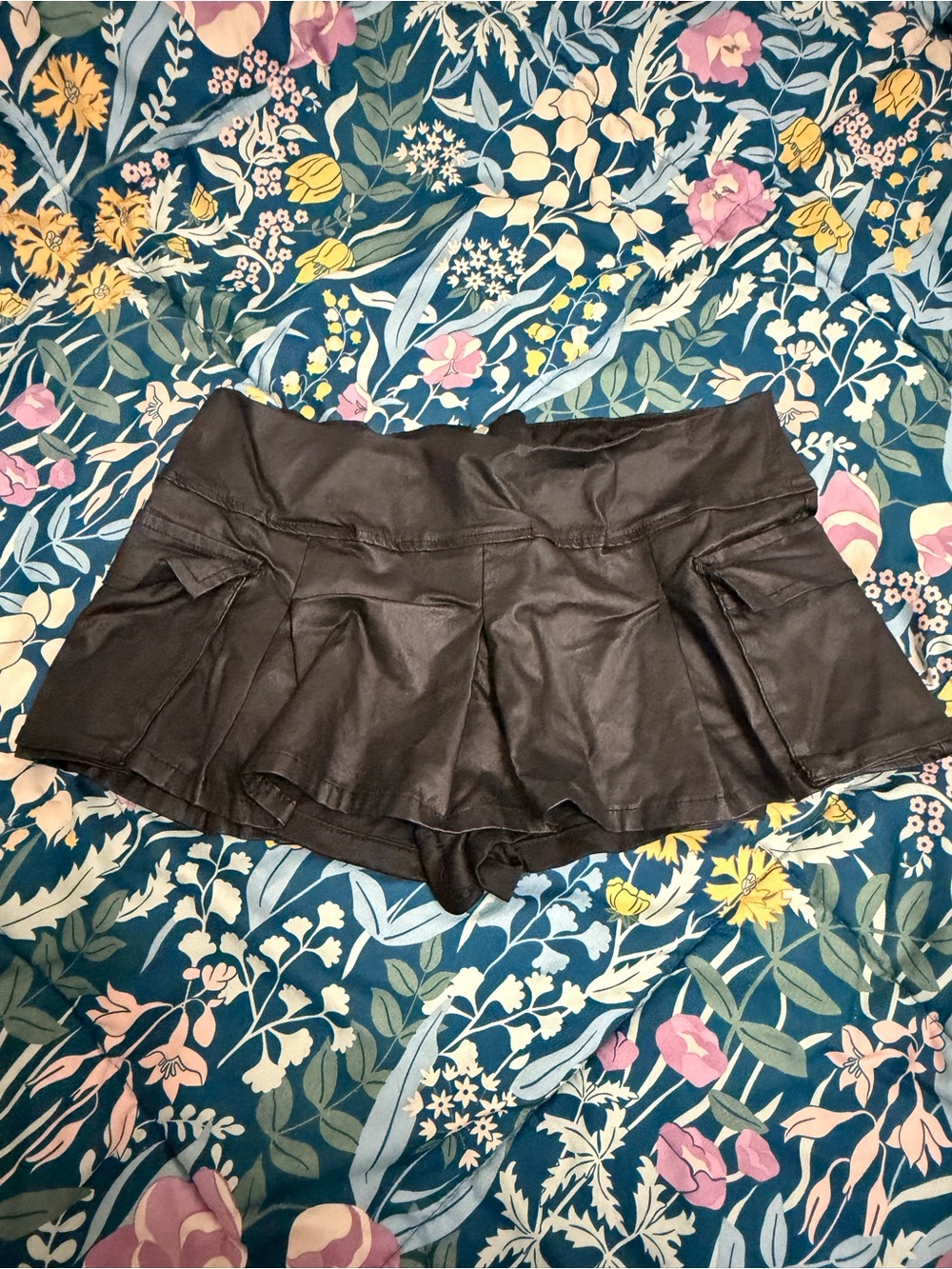 Rainbow Black Faux Leather Pleated Tennis Skort